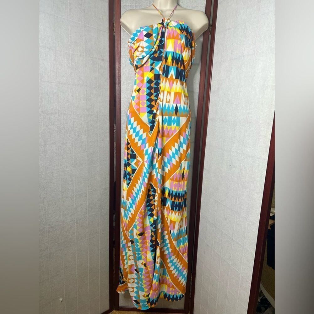 NWT ZARA AZETC PRINT HALTER BACK MAXI DRESS SIZE S